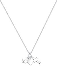 Silverhalsband med tre hängande smycken: ett ankare, ett hjärta och ett kors, alla polerade med släta ytor och design av kedjelänk.