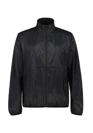 Chaqueta ligera negra hecha de material suave y resistente al agua; cuenta con una cremallera frontal, cuello alto y puños elásticos.