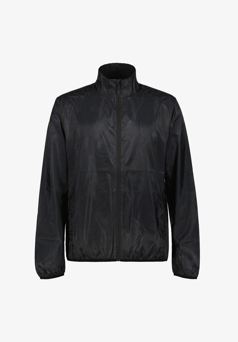 Chaqueta ligera negra hecha de material suave y resistente al agua; cuenta con una cremallera frontal, cuello alto y puños elásticos.