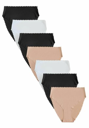 Zeven paar vrouwenhipsterondergoed in zwart, wit en huidskleurtinten. Zachte, gladde stof met scalloped randen en een klassiek ontwerp.