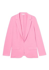Blazer rose en tissu lisse, doté d'un col cranté, de deux poches avant, et d'une coupe ajustée avec une fermeture à un seul bouton.