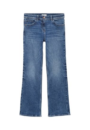 Blaue Jeans aus Denim mit geraden Beinen, vorderer Knopfleiste und Reißverschluss, Gürtelschlaufen sowie vorderen und hinteren Taschen.