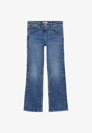 Jeans di denim blu con gambe dritte, bottone e cerniera frontali, passanti per cintura e tasche anteriori e posteriori.