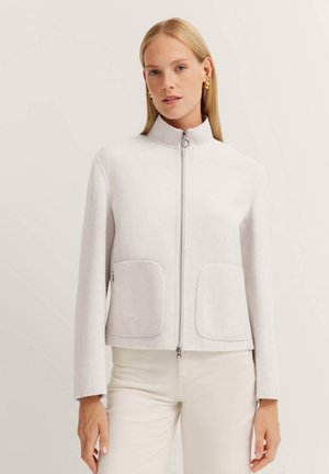 Helle graue Zip-Jacke aus weichem Stoff, mit hohem Kragen, zwei Fronttaschen und taillierter Passform.