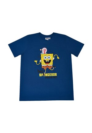 Blue short-sleeve t-shirt with a smiling SpongeBob SquarePants and his pet snail Gary jumping, with text below.