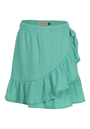 Licht turquoise wikkelrok met textuur, ruches aan de zoom en detail met zijstrik, elastische tailleband, knielengte.