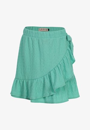 Licht turquoise wikkelrok met textuur, ruches aan de zoom en detail met zijstrik, elastische tailleband, knielengte.