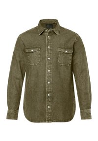 Olivengroene denimhemd met lange mouwen, knoopsluiting kraag, twee borstzakken en zilveren drukknoopjes, met een rechte snit en een gestructureerd oppervlak.