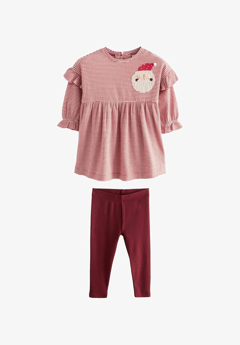 Pöttyös, piros és fehér csíkozású felső fodros ujjal, Santa mikulás arc patch-csel, egyszínű bordó leggingsszel párosítva. Pamut anyag, laza fazon.