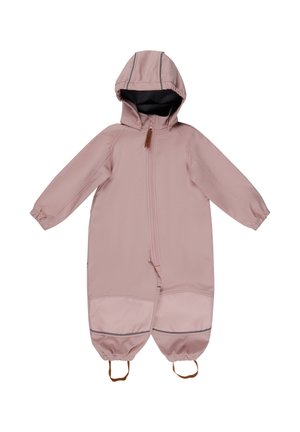 Heller rosa, wasserdichte Außenschicht mit Kapuze, Frontreißverschluss, elastischen Bündchen und verstellbaren Fußriemen. Verfügt über dunkelgraue Akzente und Innenfutter.