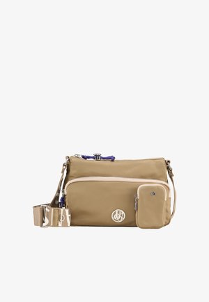Sac bandoulière en nylon beige avec une fermeture éclair, une sangle réglable, une poche avant, un accent violet sur la fermeture éclair et un détail de logo à l'avant.