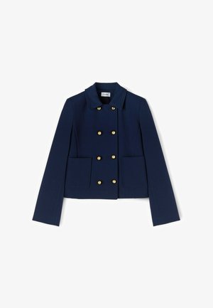 Navyblauwe double-breasted blazer met gouden knopen, twee voorzakken en een brede kraag, plat uitgestald op een witte achtergrond.