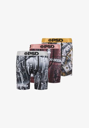 Trois paires de boxer pour hommes : noir avec un motif blanc, bordeaux avec un imprimé de billet de dollar, et taille dorée ; fabriqués en tissu extensible.