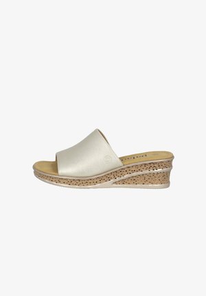 Helle beige Slipper-Sandalen aus Leder mit einer strukturierten Kork-Wedge-Sohle, offener Zehenpartie und dezentem Logo-Detail.