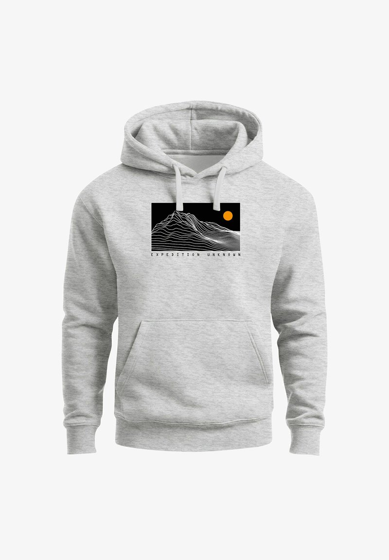 Grey hoodie made of cotton blend featuring a black graphic of mountain lines and an orange sun. Includes a front pocket and adjustable drawstrings.