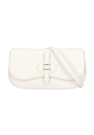 Borsa a tracolla in pelle bianca con patta curva, fibbia decorativa dorata e tracolla regolabile.