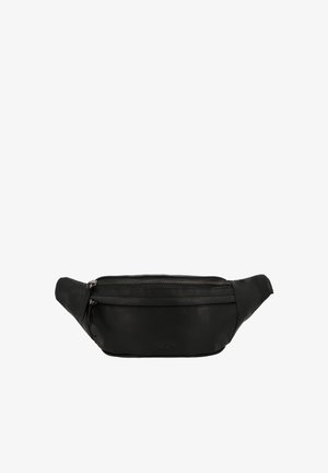 Riñonera de cuero negro con dos compartimentos con cremallera y correa ajustable, diseñada para llevar sin usar las manos.