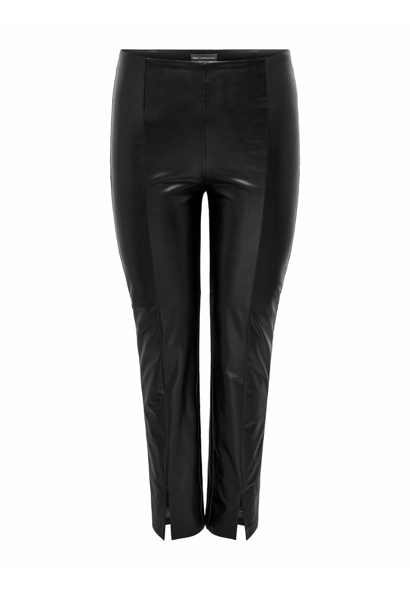 Zwarte neplederen broeken met een slimfit ontwerp, voorzien van paneelaccenten en kleine openingen bij de enkels voor extra detail. Hoog gesneden stijl.