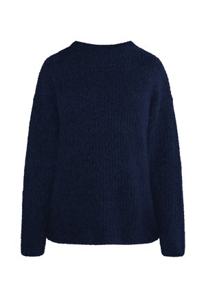 Námornícky modrý pletený sveter s dlhými rukávmi, oblečeným okrúhlym výstrihom a textúrovaným povrchom. Žiadne viditeľné vzory ani ozdoby.