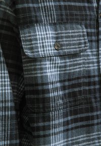 Camisa de franela a cuadros en negro y gris que presenta un bolsillo en el pecho con un botón redondo de cuatro orificios y una tela suave y texturizada.