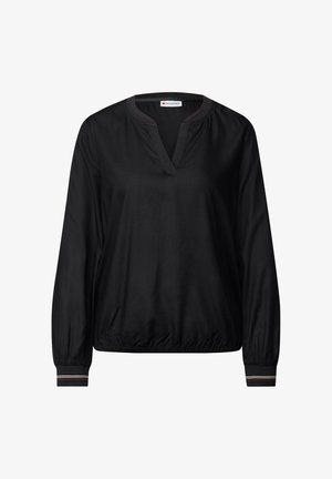 Czarna bluzka z długim rękawem, dekoltem w kształcie V i elastycznym wykończeniem. Posiada kontrastowe paski na mankietach. Gładka tekstura materiału.