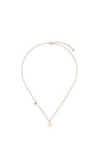 Złoty naszyjnik z zawieszką w kształcie koniczyny oraz małym zielonym koralikiem. Cienki łańcuszek z regulowanym zapięciem do dostosowania długości.