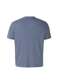 T-shirt z krótkim rękawem, wykonany z miękkiej, niebieskiej bawełny; prosta konstrukcja z okrągłym dekoltem, luźny fason o gładkiej fakturze i bez widocznych wzorów.