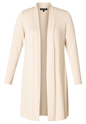 Long-sleeved beige cardigan with an open front, made of soft fabric, featuring a draped design and no closures. Smooth texture, relaxed fit.