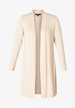 Langsleeve beige cardigan met een open voorkant, gemaakt van zacht materiaal, met een gedrapeerd ontwerp en zonder sluitingen. Glad textuur, relaxte pasvorm.