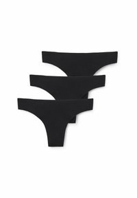 Schwarzes Strings-Unterwäsche-Set bestehend aus drei Teilen, mit nahtlosem Design, dehnbarem Stoff und glatter Textur sowie minimalistischer Schnittführung.