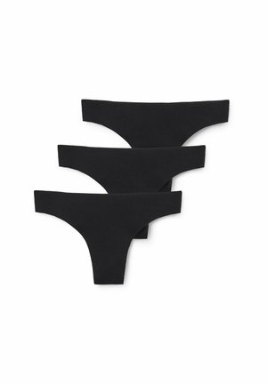 Schwarzes Strings-Unterwäsche-Set bestehend aus drei Teilen, mit nahtlosem Design, dehnbarem Stoff und glatter Textur sowie minimalistischer Schnittführung.