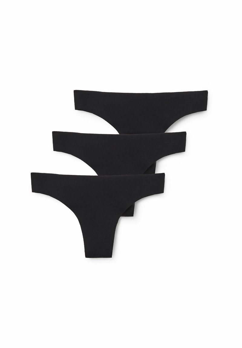 Schwarzes Strings-Unterwäsche-Set bestehend aus drei Teilen, mit nahtlosem Design, dehnbarem Stoff und glatter Textur sowie minimalistischer Schnittführung.