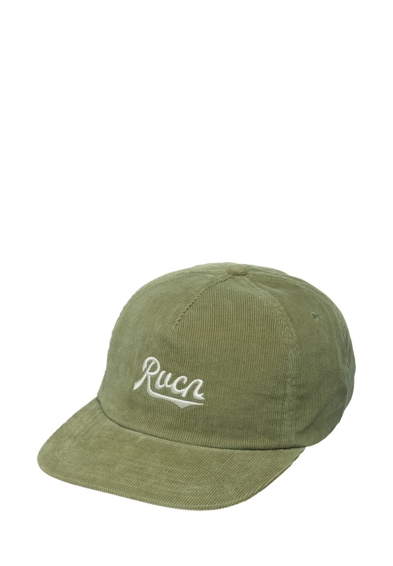 Olijfgroene corduroy baseball cap met wit geborduurde tekst "Ruca" op de voorkant en een gebogen rand.