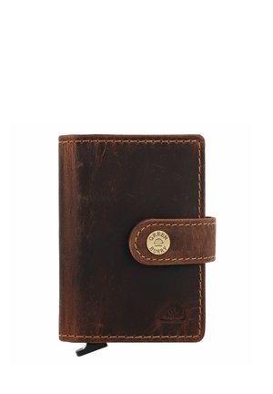 Portafoglio in pelle marrone con finitura texture, dotato di chiusura a bottone arrotondato e cuciture ben visibili. Forma compatta e rettangolare.