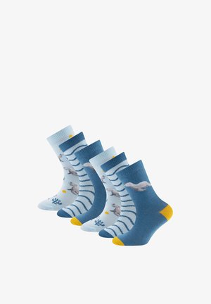 Fünf Paar blaue Kindersocken mit abwechselnden Streifen- und Dinosauriermustern, gelbe Fersen- und Zehenakzente, in einer Reihe angeordnet.