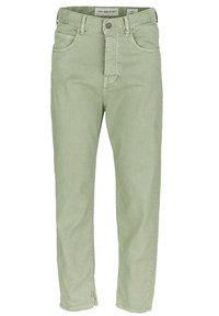 Vaqueros de algodón verde claro con un diseño de pierna recta, cinco bolsillos, lazos para cinturón y cierre de botón. Textura suave con un ajuste casual.