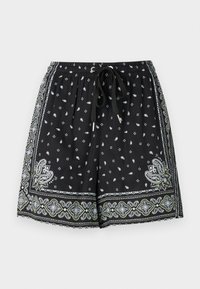 Svart shorts med elastisk midje og snor. Har et paisley-mønster og dekorative kanter i hvitt og grønt. Lett stoff.