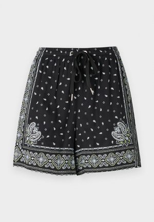 Black shorts with an elastic waistband and drawstring. Features a paisley pattern and decorative borders in white and green. Lightweight fabric.