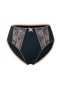 Hochgeschnittene schwarze Panties mit nudefarbenem Spitzenbesatz, zarten rosafarbenen Akzenten, einer kleinen Schleife in der Mitte und glatter Textur.
