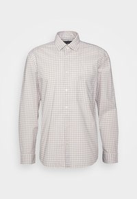 Chemise homme à manches longues boutonnée avec petit motif à carreaux beige clair et blanc et col pointu sur fond uni.