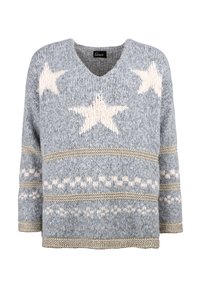 Grauer gestrickter Pullover mit V-Ausschnitt, der cremefarbene Sterne und horizontale Streifen aufweist. Mit strukturiertem Finish und goldfarbenen Akzenten am Saum und den Ärmeln.