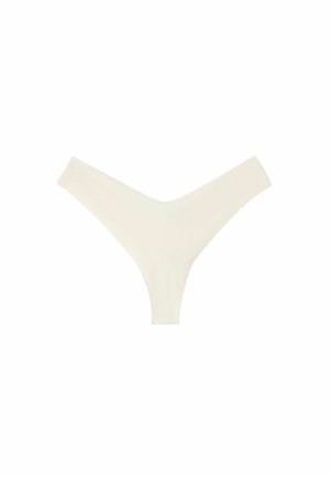Witte stringondergoed gemaakt van soepel, rekbaar stof met minimale bedekking en een V-vormig ontwerp. Heeft naadloze randen voor extra comfort.