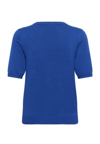 Pull tricot bleu à manches courtes avec un col rond et des bords côtelés aux manches et à l'ourlet, montré de dos.