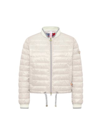 Lichtbeige pufferjack met een gequilte uitstraling, frontale rits, ribbelkraag en elastische manchetten. Voorzien van trekkoorden aan de onderkant.