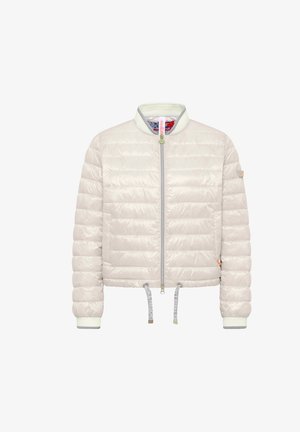 Lichtbeige pufferjack met een gequilte uitstraling, frontale rits, ribbelkraag en elastische manchetten. Voorzien van trekkoorden aan de onderkant.