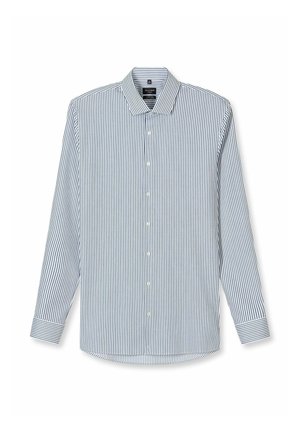 Herenoverhemd met lange mouwen, voorzien van dunne verticale marineblauwe en witte strepen, knoopsluiting aan de voorkant en klassieke kraag, afgebeeld op een witte achtergrond.