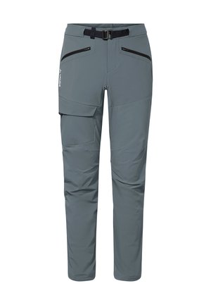 Graue Outdoor-Hose mit verstellbarem Bund, Reißverschlusstaschen vorne und einer Klapptasche am linken Oberschenkel, entworfen für Wanderungen oder aktive Freizeitgestaltung.