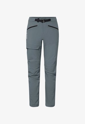 Graue Outdoor-Hose mit verstellbarem Bund, Reißverschlusstaschen vorne und einer Klapptasche am linken Oberschenkel, entworfen für Wanderungen oder aktive Freizeitgestaltung.