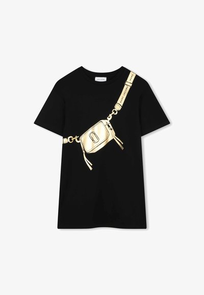 Czarny t-shirt z złotą grafiką torby na pasku, z detalami takimi jak zamek i frędzle. Klasyczny krój z okrągłym dekoltem.