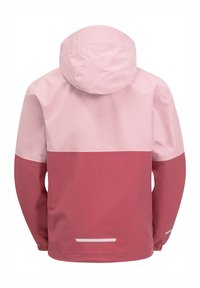 Giacca impermeabile in rosa chiaro con sezioni rosa scuro. Presenta un cappuccio, polsini elasticizzati e una striscia riflettente vicino all'orlo.